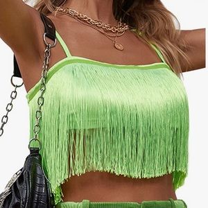 Women Lime Green Cropped Fringe Tank Top